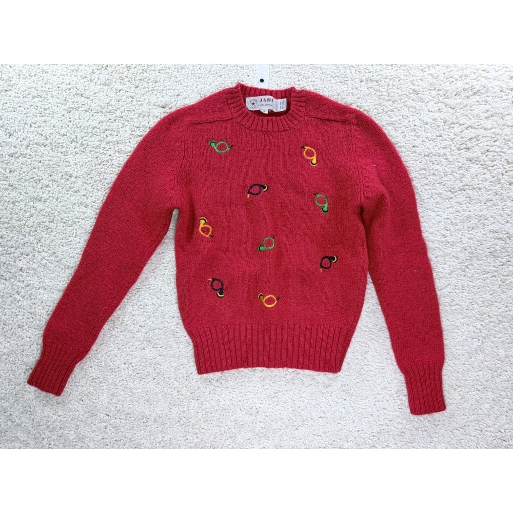 Jade Shetland Wool Sweater Kids S Red Excellent Embroidered Horn Preppy Vintage